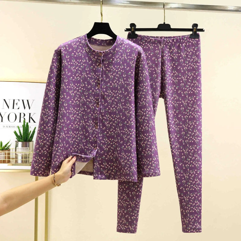 Pijamas Women Floral Print Winter Sleeping Pajamas Thicken Warm Sleepwear Set De Velvet Home Clothes Casual Big Size Pyjamas