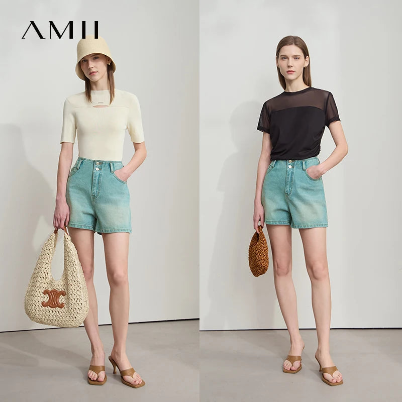 Amii Women's Shorts Minimalist 2026 Summer New Versatile Style Waistband-Free Retro Washed Cotton Casual Denim Shorts 12542225