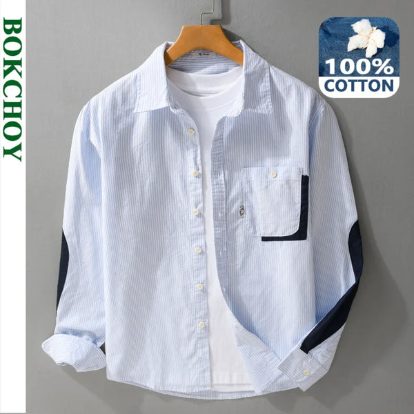 2026 Autumn New 100% Cotton Patchwork Striped Shirt for Men Clothing Long Sleeve Big Pockets Male Shirts FY1019
