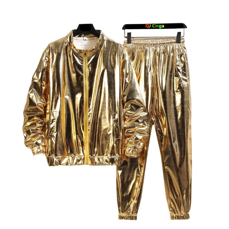 Gold Men's Stage Performance,Shiny Loose Long Sleeve Top With Long Pants,Silver Fashion Casual Suit
