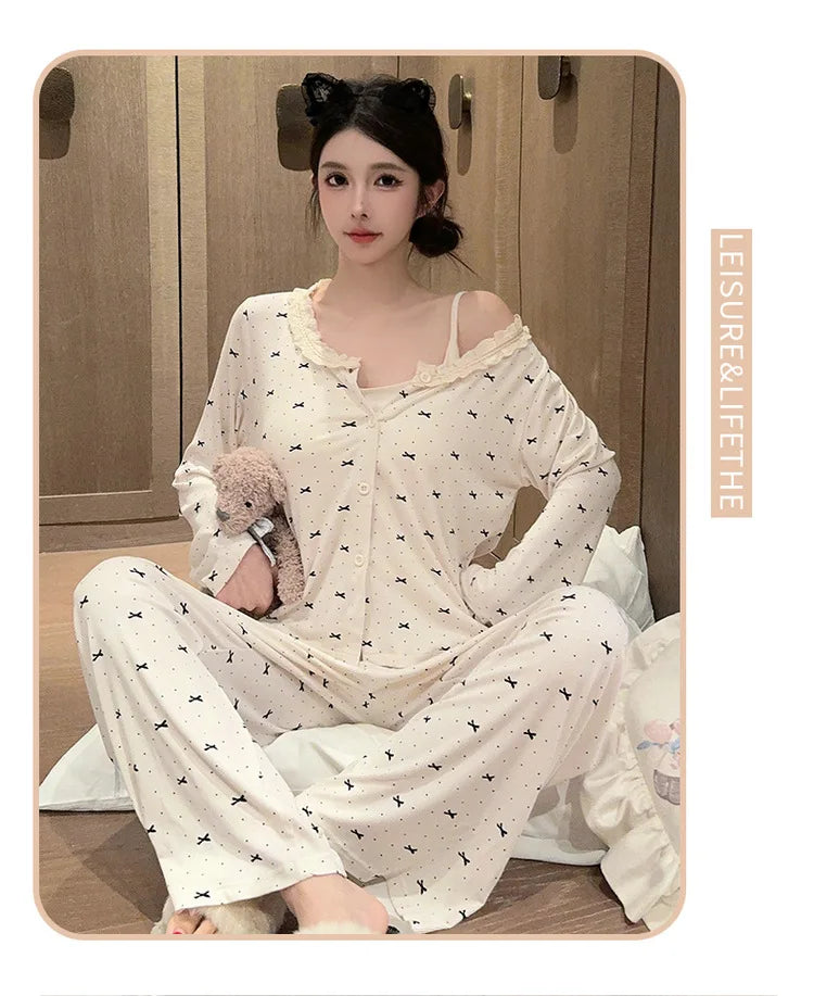 Sexy Chest Pad Modal Pajamas For Women Printed Slim Spring Autumn Home Clothing Korean Three Pieces Set New Pijama Mujer
