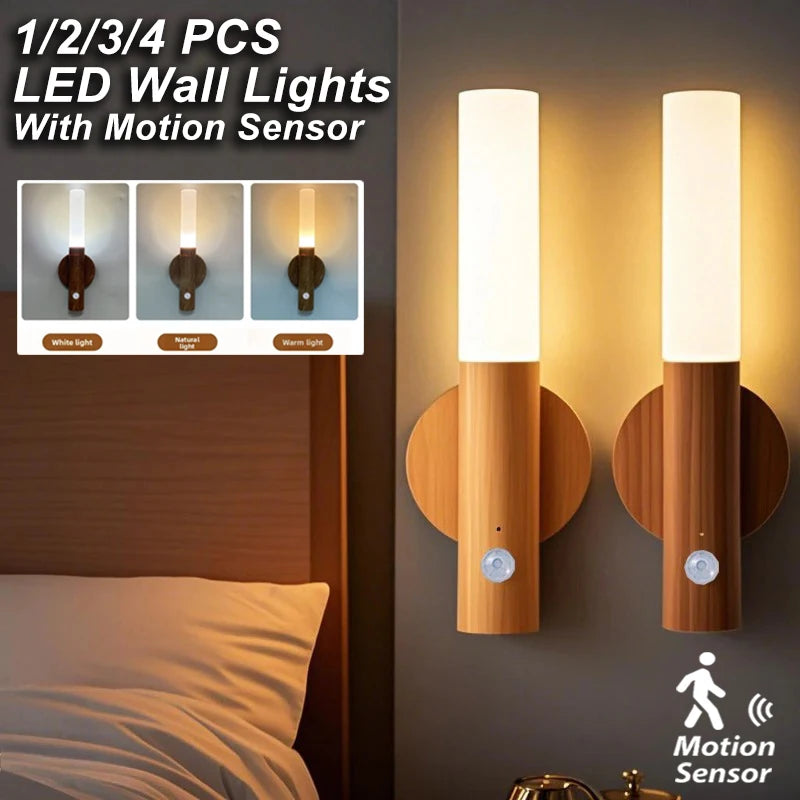 ភ្លើងជញ្ជាំង LED 1-4PCS មានឧបករណ៍ចាប់សញ្ញាចលនា ចង្កៀងម៉ាញេទិកគ្រាប់ឈើអាចសាកបានសម្រាប់បន្ទប់គេង ជណ្តើរ និងសាលធំ
