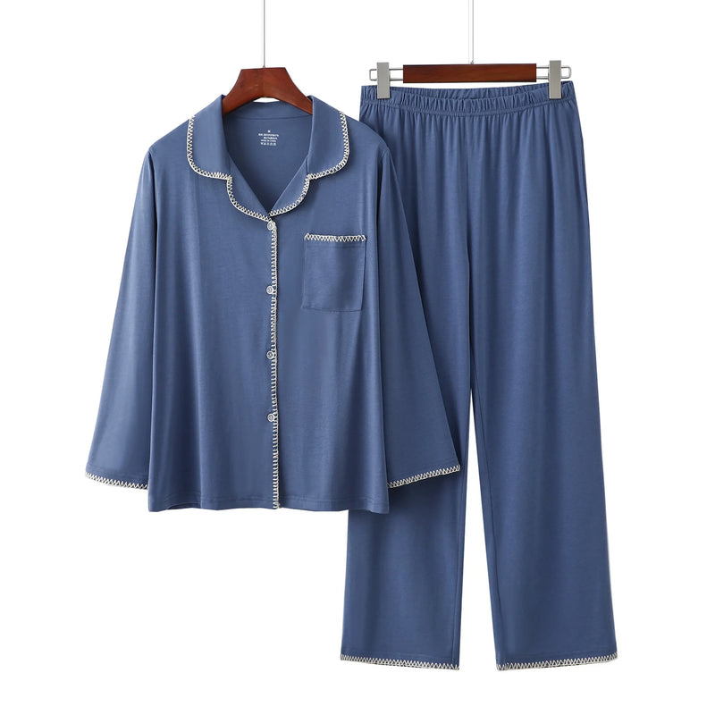 New Embroidery Modal Long Sleeved Spring Autumn Pajamas For Women Sleepwear Trousers Sets High Quality Women's Home Clothes