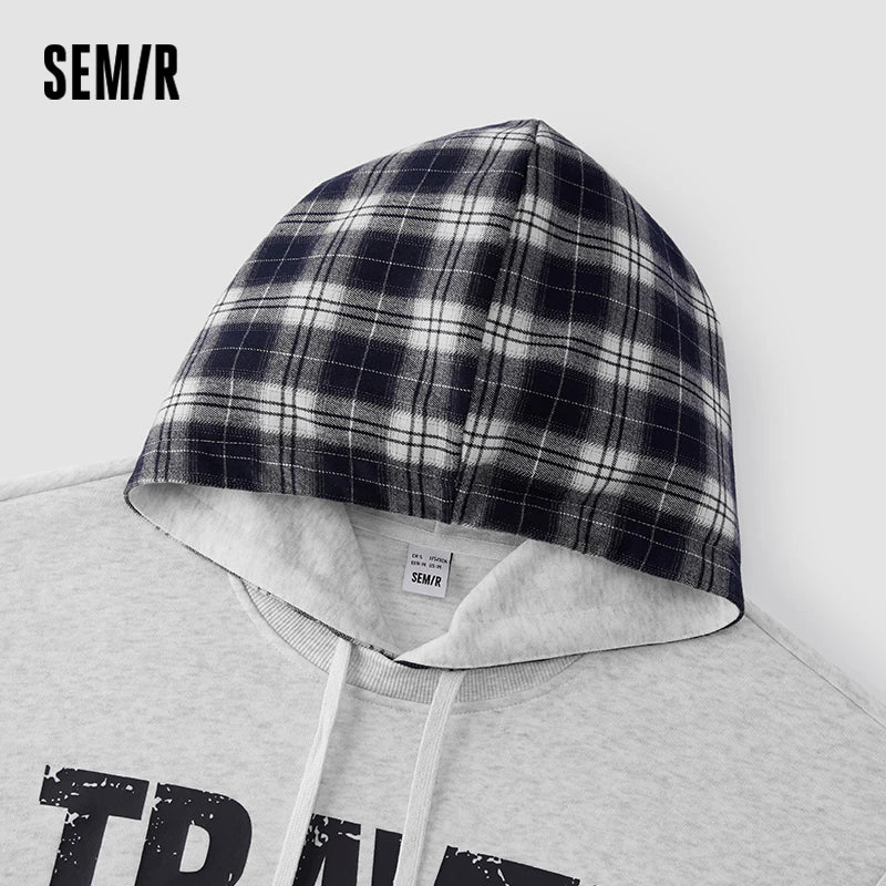 Semir Men Hoodies Retro Plaid Patchwork Pullover Letter Print Loose 2026 Autumn Urban Casual Style Knit Top Daily Layer
