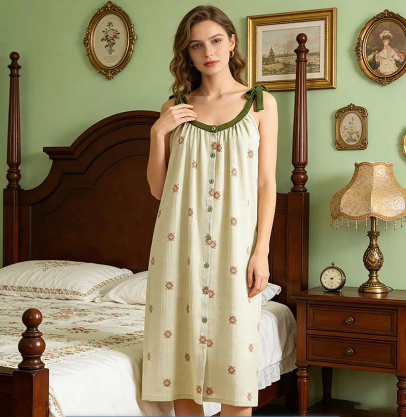 Retro Floral Women's Cotton Nightie Sleeveless Nightdress Nightgown Woman Night Clothes New Thin Summer Pajamas Dress Sleepwear