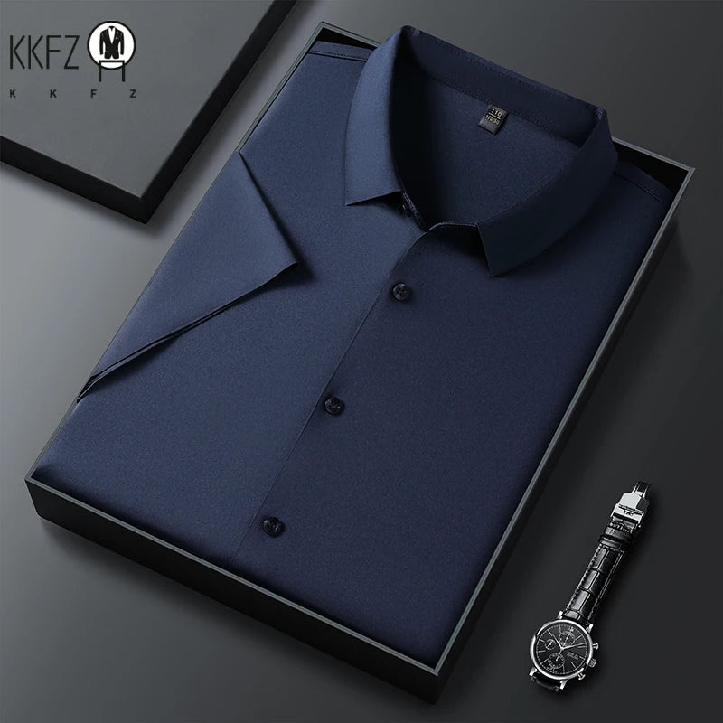 New Men's Business Casual Solid Color Short Sleeved Shirt for Summer Fashion No Ironing Comfortable and Versatile Top