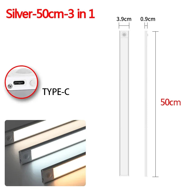 3 in 1 LED Under Cabinet Lights Motion Sensor Night Light Ultrathin Rechargeable Led Lamp Closet Kitchen Cabinet Indoor Lighting