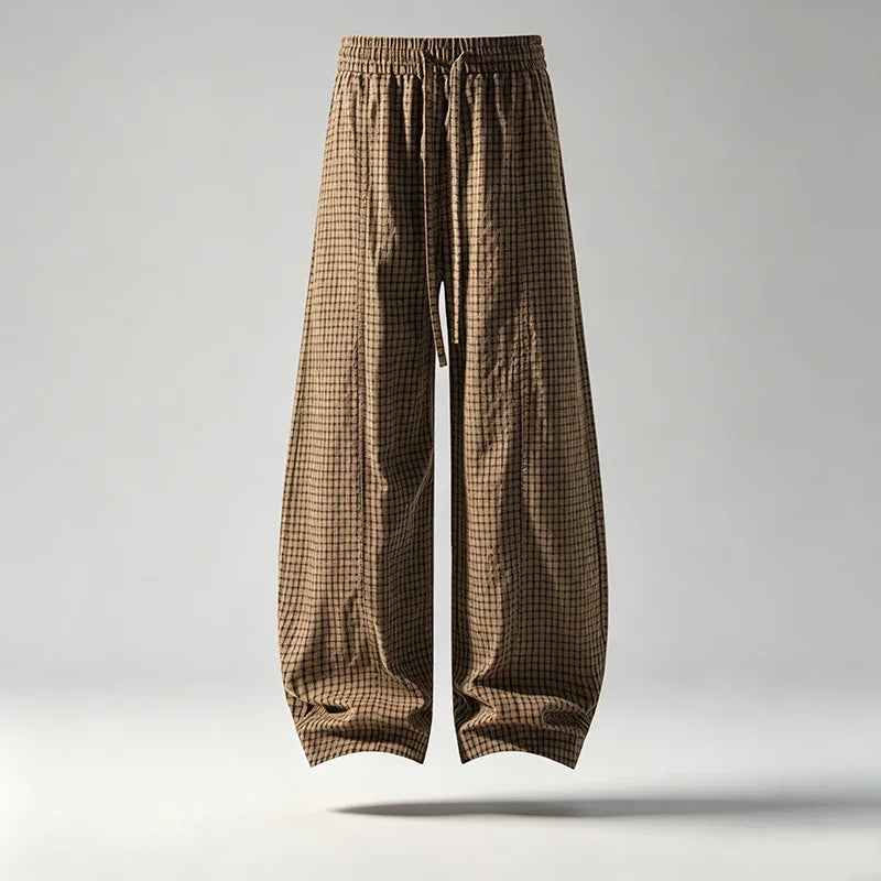 Mens Plaid Crinkle Harem Trousers Elastic Drawstring Waist Loose Fit Breathable Lightweight Outdoor Walking Garment