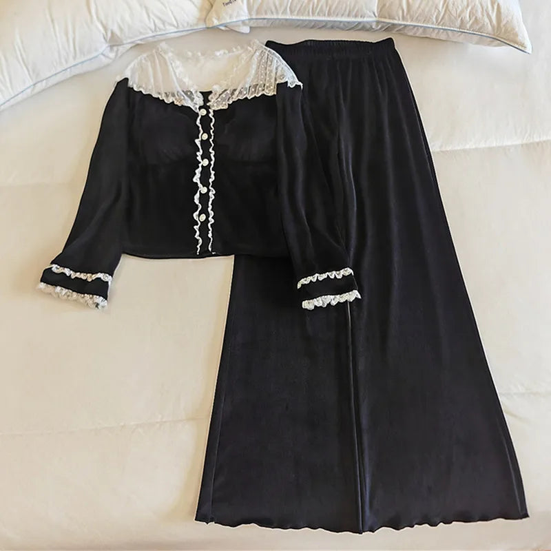 ឈុតគេងផ្អែមល្ហែម កោះ Velvet ក្តៅរដូវរងា គេងក្រាស់ បន្ទះទ្រូង អាវដៃវែង អាវគេងនារីជាមួយខោ ឈុតផ្ទះ