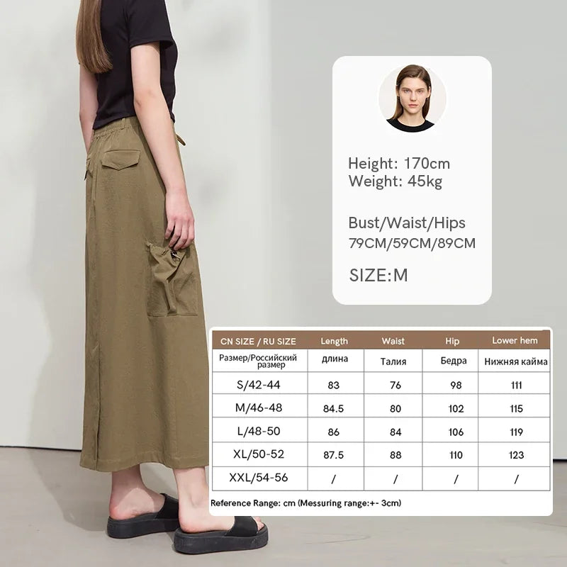 Amii Minimalist Women Clothing Skirt 2026 Autumn New Casual Loose Multi-pocket Drawstring Elastic Waist Long Skirt 12522020