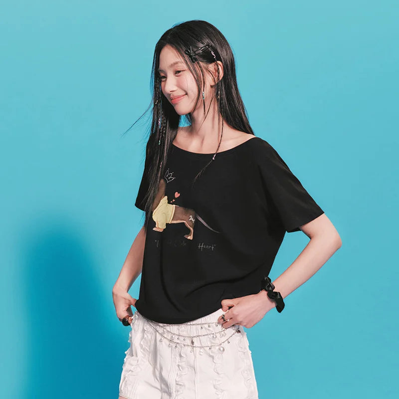 Semir Womens Tshirt 2026 Dog Printed Oversized Raglan Sleeve Slash Neck Petite Style Casual