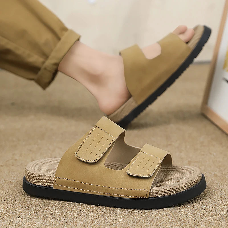 Men's One-strap Woven Slides Slippers Summer New Breathable lightweight Soft Sole anti Slip Outdoor Quick Dry Casual Beach Shoes