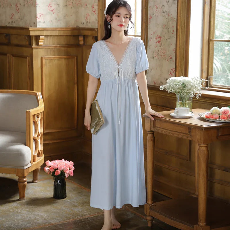Palace Style Short Sleeved Night Wear For Women Summer Nightdress Cotton Lace Princess V-Neck Nightgowns Loose Home Clothes