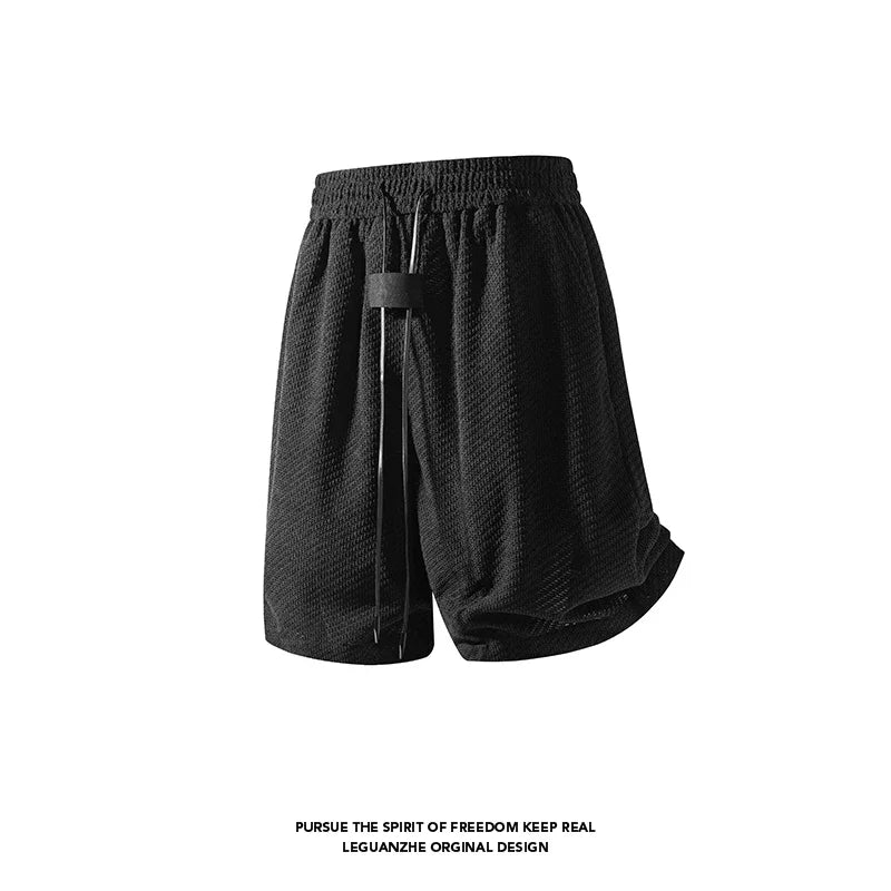 Male Summer Streetwear Shorts Waffle Textured Fabric Elastic Waist Long Drawstring Curved Hem Relaxed Cut For Outings
