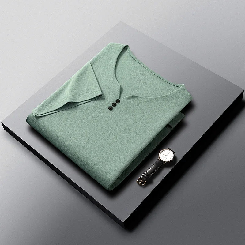 Mens Soft Breathable V Neck Tee With Henley Button Design Comfortable For All Seasons Daily And Casual Wear Activities