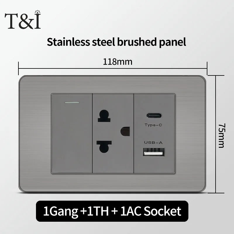T&I 118 Premium Stainless Steel Brushed Wall Socket with USB Type - C, US Switch, Thai Plug for Home & Office Use