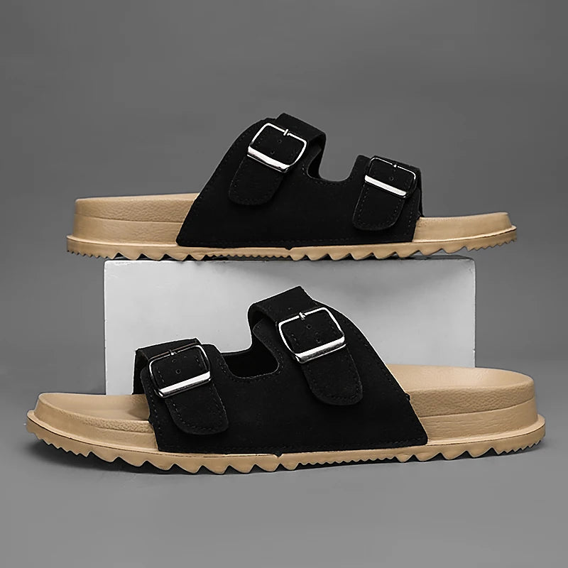 Summer Mens Microfiber Leather Slides Slippers With Adjustable Buckle Sandals Lightweight Anti Slip Slippers Cheap
