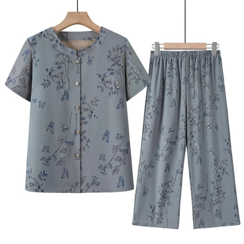 ឈុតខោដៃខ្លី ទំហំ XL-5XL ធ្វើពីកប្បាសរ៉ាយ៉ុង ឈុតគេងពីរដុំសម្រាប់ម្តាយវ័យកណ្តាល សម្លៀកបំពាក់នៅផ្ទះធម្មតាសម្រាប់ស្ត្រី