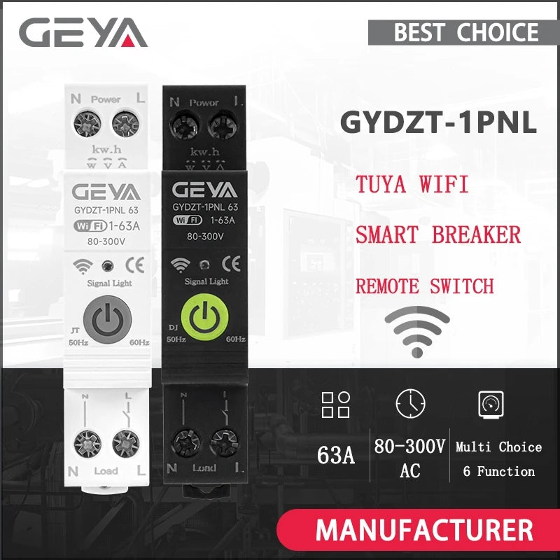 GEYA Tuya WiFi Smart Circuit Breaker MCB 63A Timer Power Energy KWh Voltage Current Meter Protector Remote Control Switch
