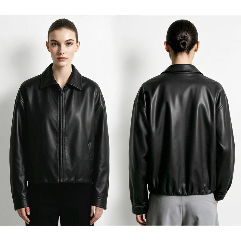 អាវធំ Amii Modern Retro Women Jacket Lapel Zip Drop Shoulder Faux Leather Jackets Oversize រដូវស្លឹកឈើជ្រុះឆ្នាំ 2026 អាវធំនារីទើបមកដល់ថ្មី 12623060