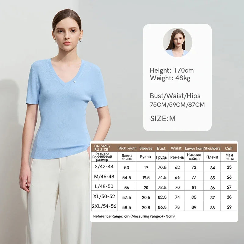 អាវយឺតដៃខ្លីសម្រាប់នារី Amii Minimalist ធ្វើពីរោមចៀម 2026 រដូវស្លឹកឈើជ្រុះថ្មី ក V ស្មាខាងមុខ រាងស្លីម 12521044