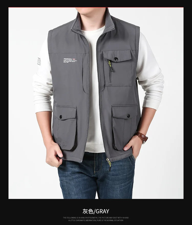 Men's Sleeveless Vest Jacket for Fall and Winter, Travel, Leisure, and Fishing Wear. Green, Khaki, Gray, Black, Red, Blue Coat.