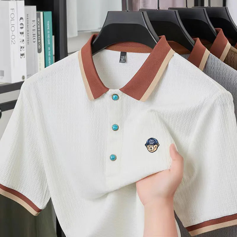 High Quality Man Short-Sleeved Polo Shirt Lapel Button Bear Embroidery British Style T-Shirt Casual Fashion Minimalist Men'sWear