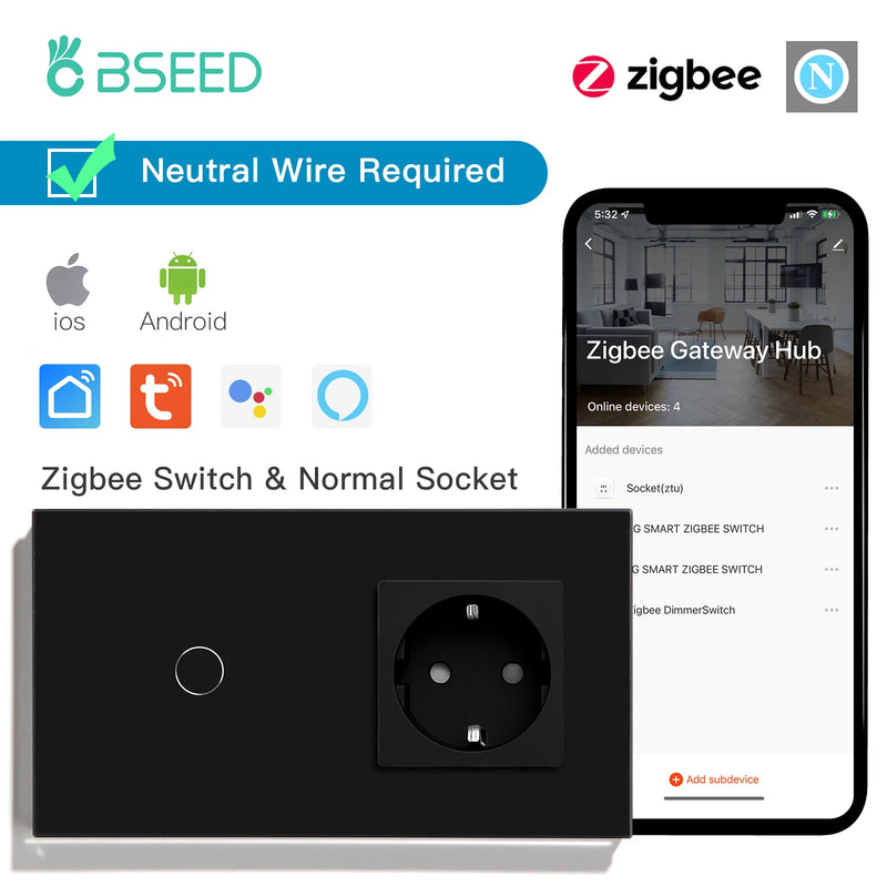 BSEED Zigbee Touch Switch 1/2/3Gang 2/3Way Smart Wall Switch Plus EU Socket Tuya Google Home App Alexa Control Need Neutral Wire