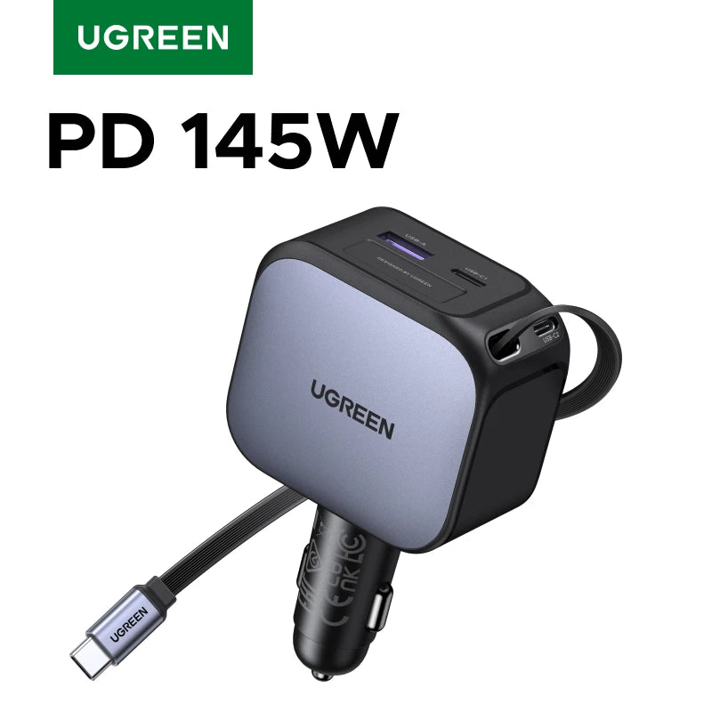 UGREEN 145W 90W 60W Car Charger 3 USB-C & 1 USB-A Ports PD QC4.0 Fast Charging with Retractable Cable for iPhone 18 17 MacBook