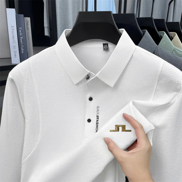 Breathable Men Long-Sleeve Polo Shirt Lapel Button Exquisite Pattern Embroidery Autumn Winter Casual Versatile Men's Clothing