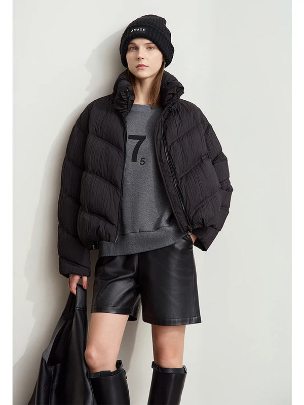 AMII Minimalist Streetwear Down Jacket For Women 2025 Winter Casual Stand Collar Pleated Letter Embroidery Female Coats 12444042