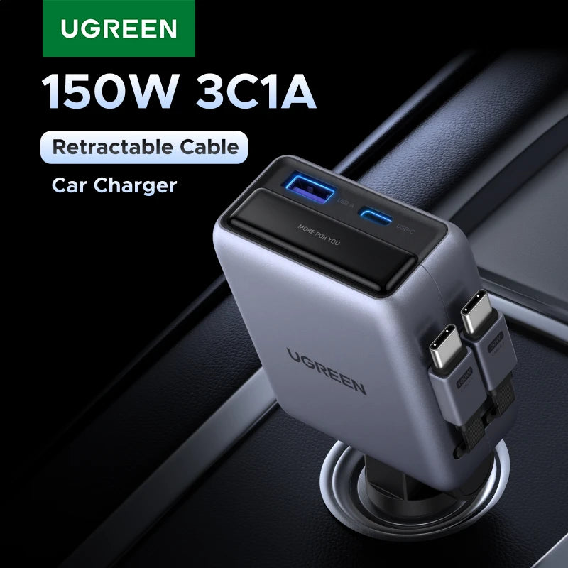 UGREEN 150W Car Charger Built in Dual Retractable Cable 3C1A  4 Ports Fast Charging  for iPhone 18 17