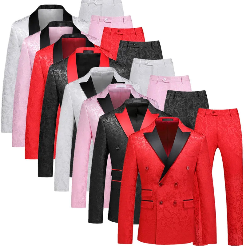 2026 New Men's Red Suit Two-Piece, Wedding Party Dress Jacket With Trousers, White Pink Black Available, Asian Size M-6XL