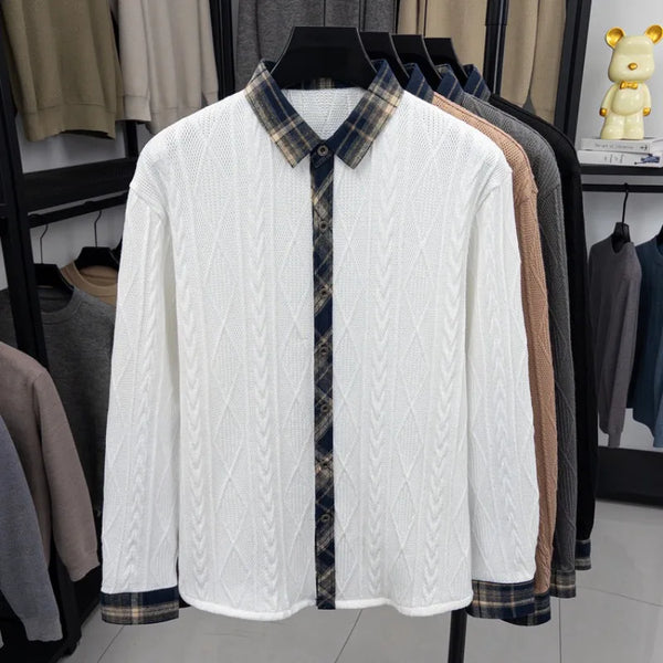 Men's Color Block Checked Knit Shirt - Casual Slim Fit, Soft Cotton Blend for Office & Daily Wear