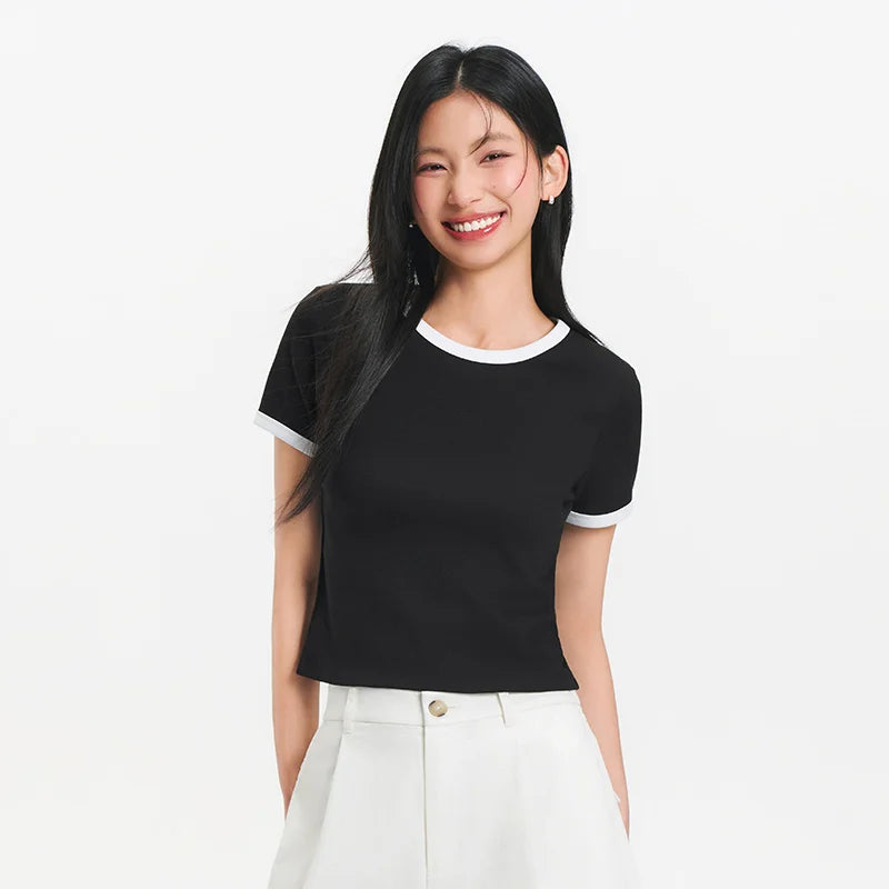 Semir Women Tshirt Cool Feeling Short Standard Shoulder Color Block Slim 2026 Summer Casual Style Fashion Soft Comfy Daily Top