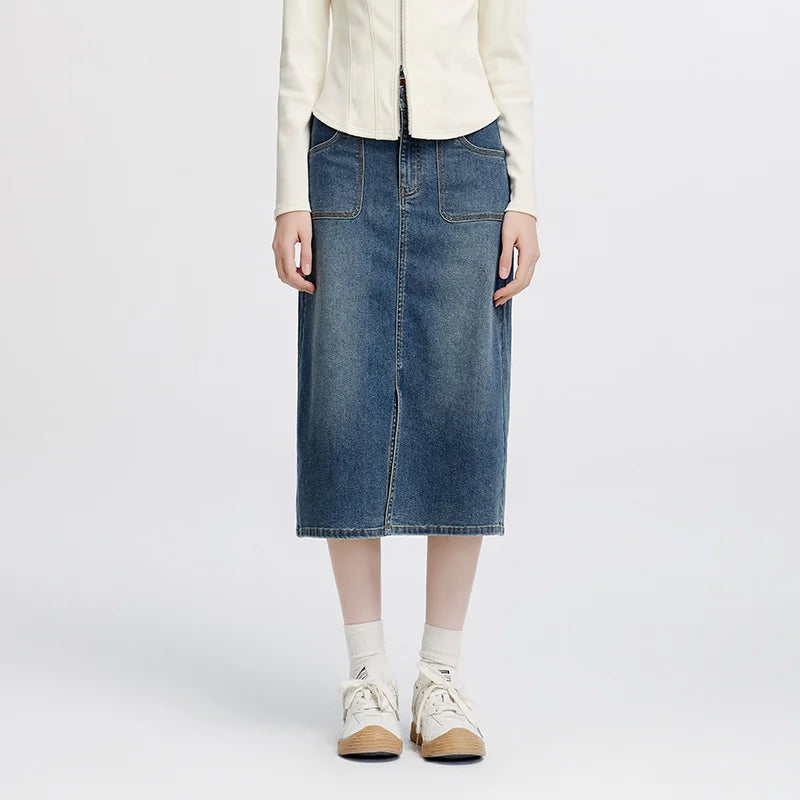 Semir Women Skirt Denim Slit Straight Long Slim Retro Street Style Autumn Bottoms Comfortable Urban Daily Wear 2026