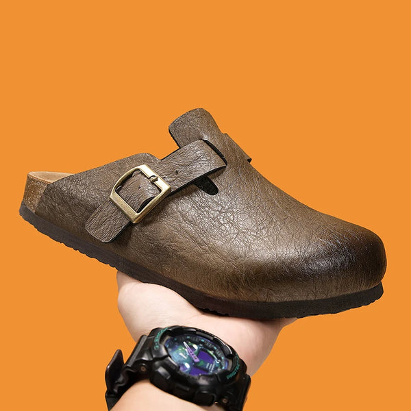Comfort Cork Leather Slippers for Unisex Men Women Slip on Half Shoes Sandals Closed Toe Backless Health Footbed Slides Fashion