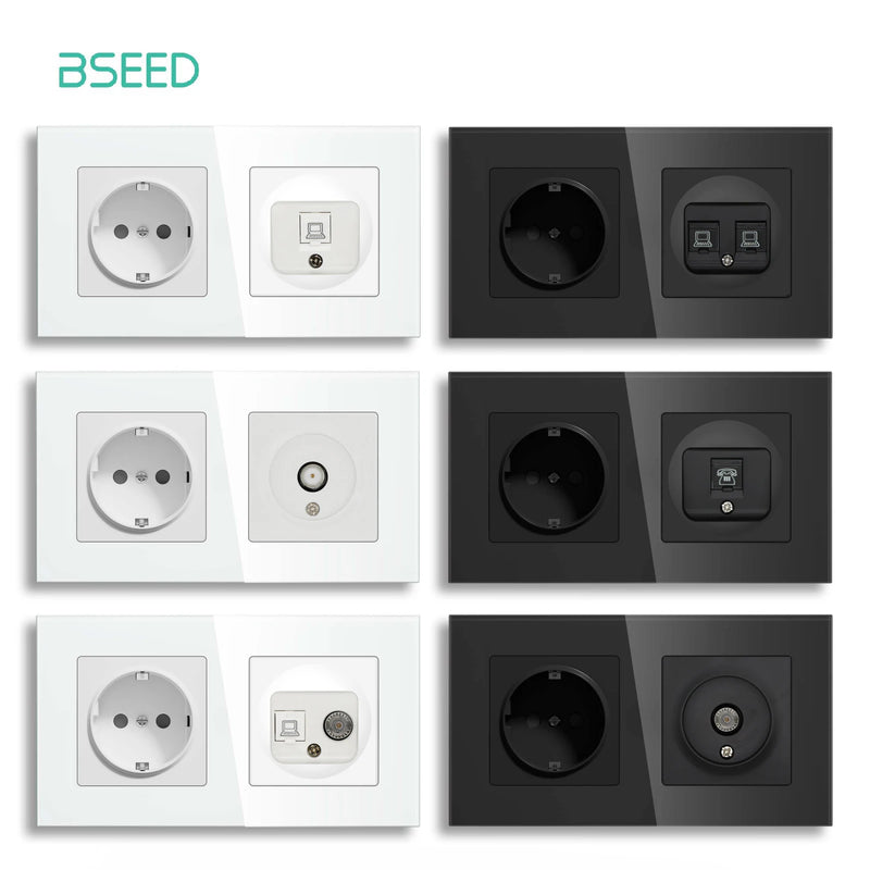 BSEED EU Standrad Wall Power Socket RJ45 Internet Socket Telephone Port Cat6 Socket Glass Panel TV Satellite Electrical Outlets