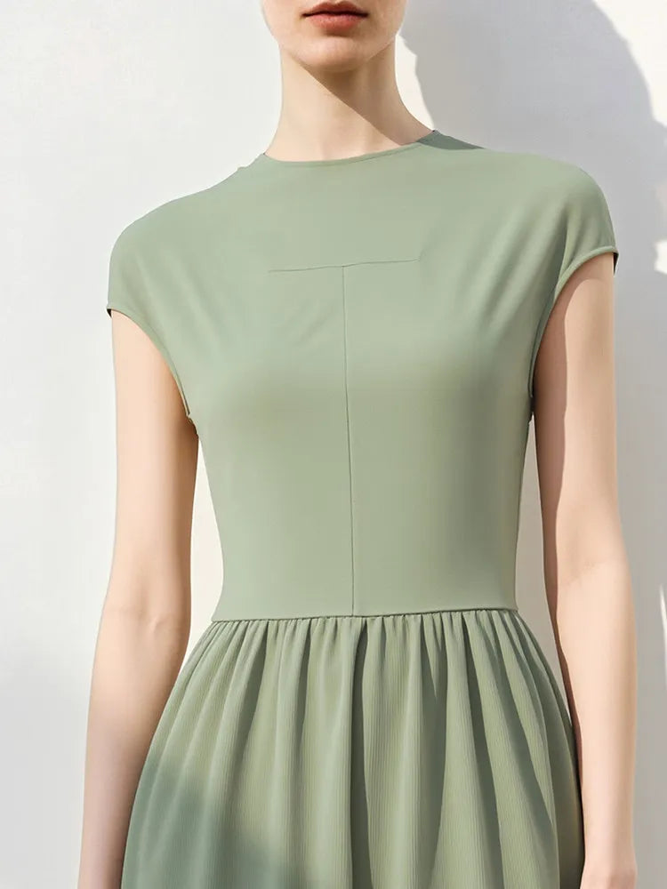 Amii Women's Casual Dresses 2026 Summer New Round Neck Chiffon Patchwork Midi Dress Office Short Sleeve Female Clothing 12622073
