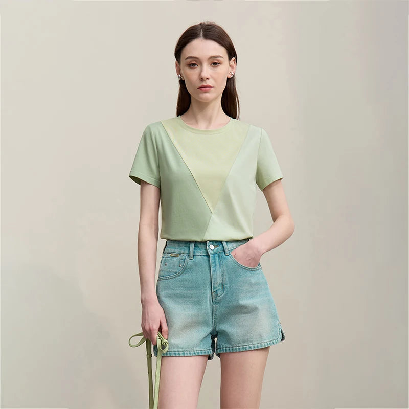 អាវយឺត Amii O-Neck សម្រាប់នារី រដូវក្តៅ ឆ្នាំ២០២៦ អាវយឺតកប្បាសថ្មី លាតសន្ធឹង ប្លុកពណ៌ អាវដៃខ្លី ធម្មតា ងាយស្រួលប្រើ 12622177