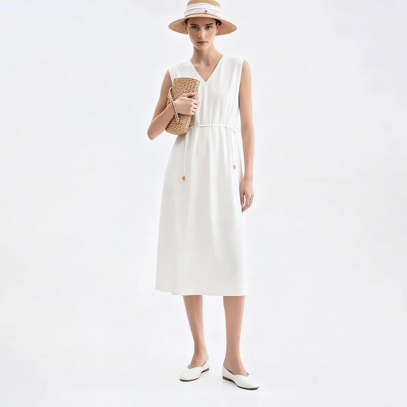 Amii V Neck Women's Dress 2026 Summer New Sleeveless Loose Drawstring Simple Office Casual A-Line Midi Dress For Women 12642155
