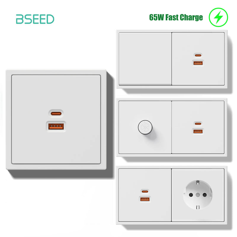 BSEED Mechanical Button Light Switch 1/2Gang 1Way With 65W USB Type-C Fast Charge Socket Plastic Frame Switch With LED Indicator