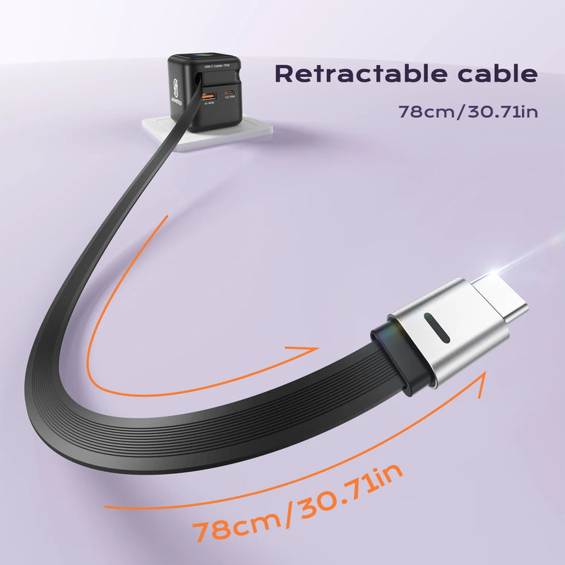 ឆ្នាំងសាកលឿន GaN 70W ជាមួយខ្សែ Type-C ដែលអាចដកថយបាន 3 ក្នុង 1 PD3.0 QC4.0 PPS សាកថ្មលឿនសម្រាប់ iPhone 16 15 14 Xiaomi ថេប្លេត កុំព្យូទ័រយួរដៃ