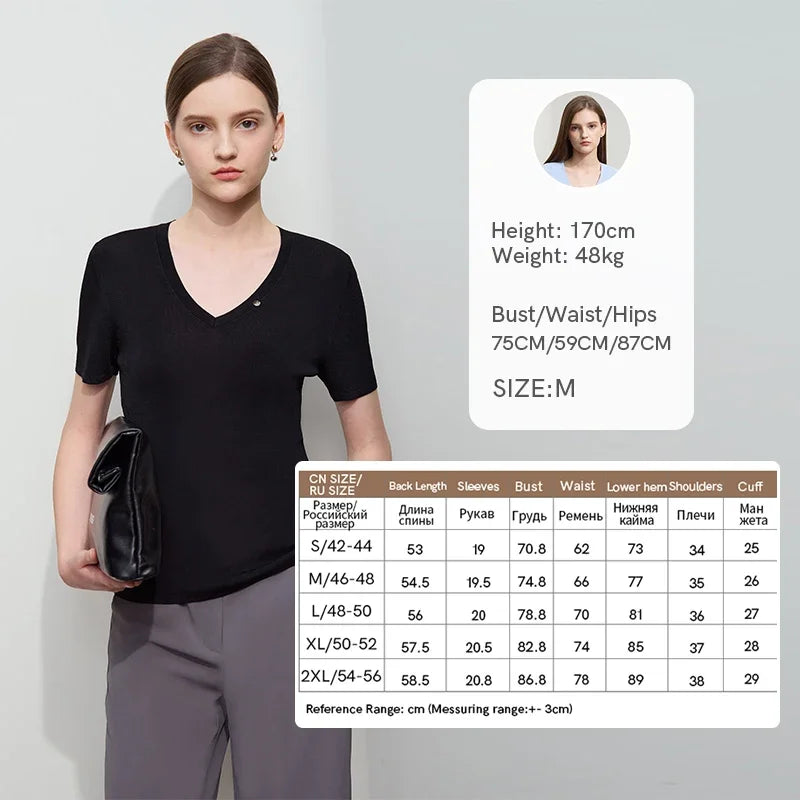 អាវយឺតដៃខ្លីសម្រាប់នារី Amii Minimalist ធ្វើពីរោមចៀម 2026 រដូវស្លឹកឈើជ្រុះថ្មី ក V ស្មាខាងមុខ រាងស្លីម 12521044