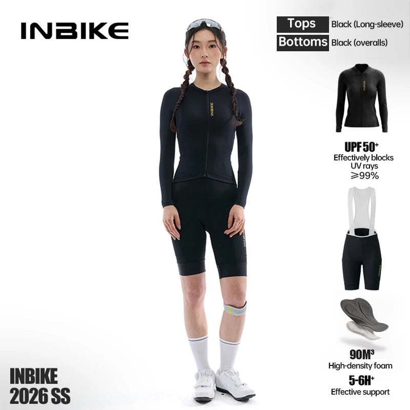 INBIKE Pro Women's Cycling Long Sleeve Breathable Gel Padded Bicycle Bib Pants Suit Mesh Bike Clothing Set for Women Quick-Dry