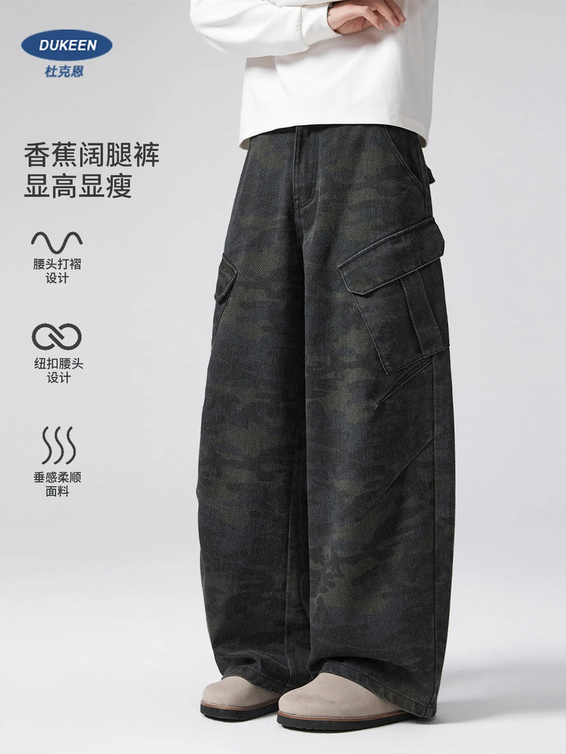 DUKEEN Men's Vintage Camouflage Cargo Pants - Loose Fit Straight Leg Work Pants with Pockets & Distressed Details for Spring