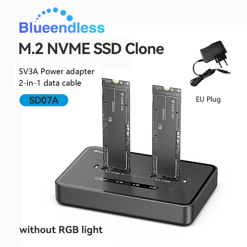ស្ថានីយ៍ចតក្លូន SSD M.2 NVME ពីរជ្រុង Blueendless 20Gbps USB3.2 USB C ប្រភេទ C ឧបករណ៍ចម្លងក្លូនក្រៅបណ្តាញ NVme PCIE Enclosure