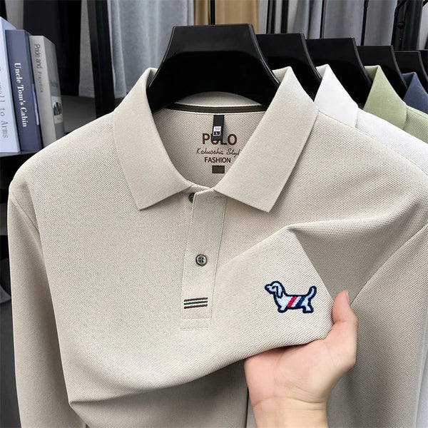 100% Cotton Men Long-Sleeve Polo Shirt Lapel Button Dog Embroidery Breathable Comfortable Autumn Winter Business Casual Menswear