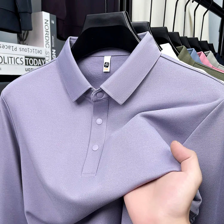 Men's Wool Blend Long Sleeve Polo - Light Blue (White/Black/Olive Green) Wool & Mulberry Silk Breathable Comfort Fit