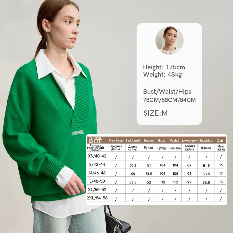 AMII Women's Sweater 2026 Winter New Minimalist Versatile V-Neck Loose Long Sleeve Knit Pullover Sweater Tops For Woman 12524084
